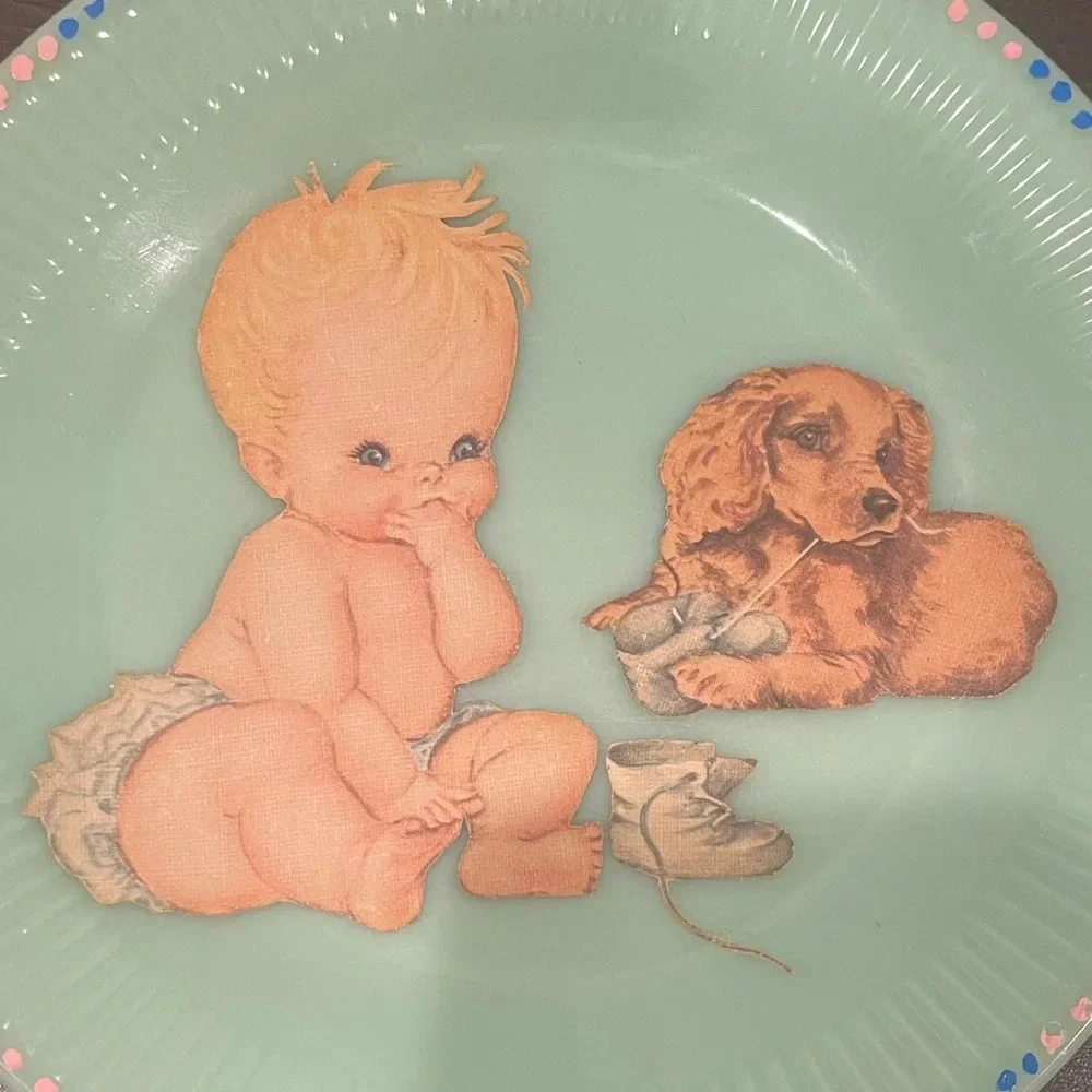 Fire King Mint Plates with Baby and Puppy/Kitten Illustrations